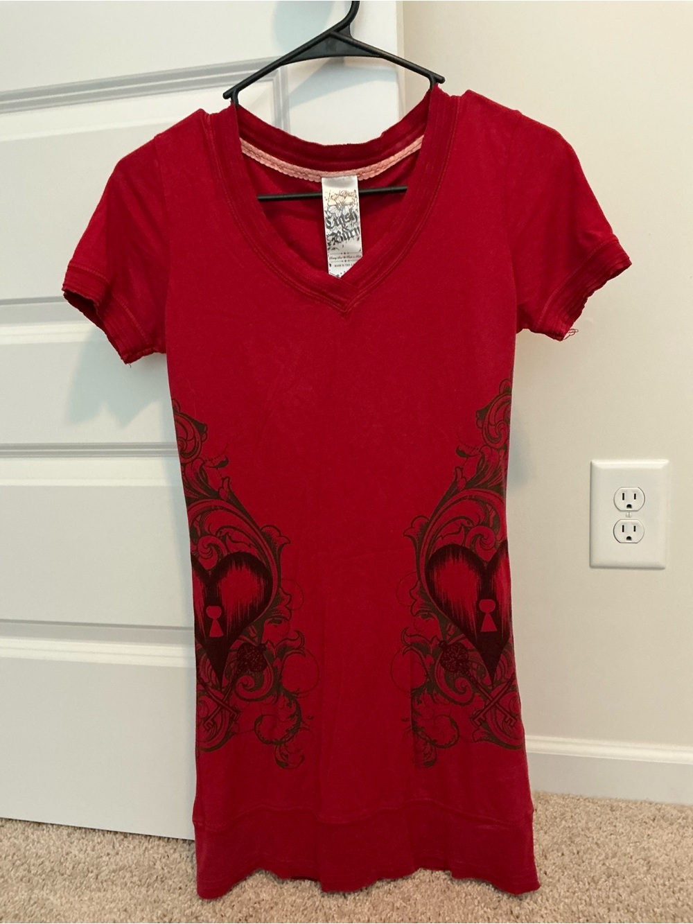 Crash & Burn Red V-Neck Short Sleeve Tee with Keyhole Heart Graphic